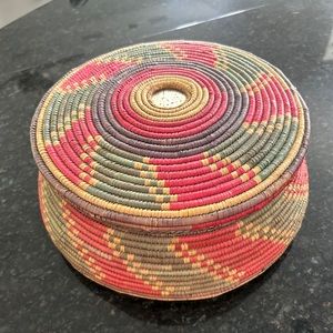 Vintage Pakistan coiled lidded basket pink, green, purple and yellow.